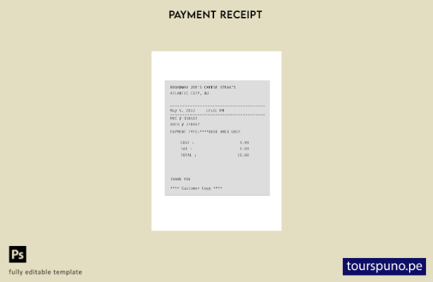 listo para imprimir la plantilla de recibo de pago de Broadway Joe'S Cheese Stea